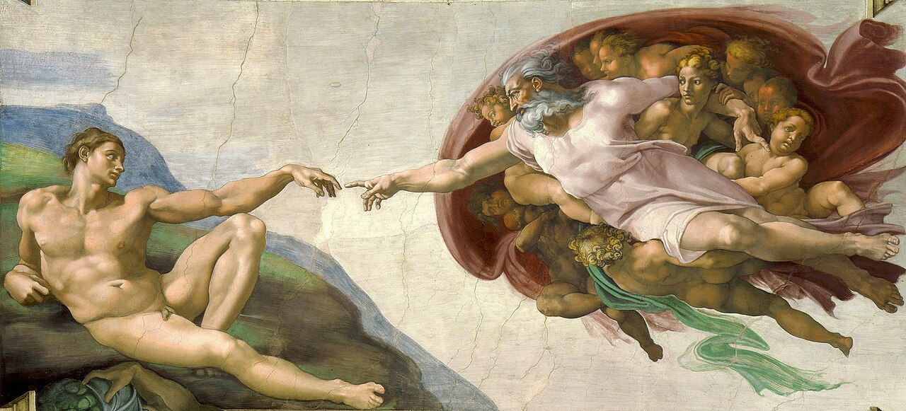 The Creation of Adam: one complete scene among many on the Sistine Chapel ceiling. Michelangelo, c. 1512.