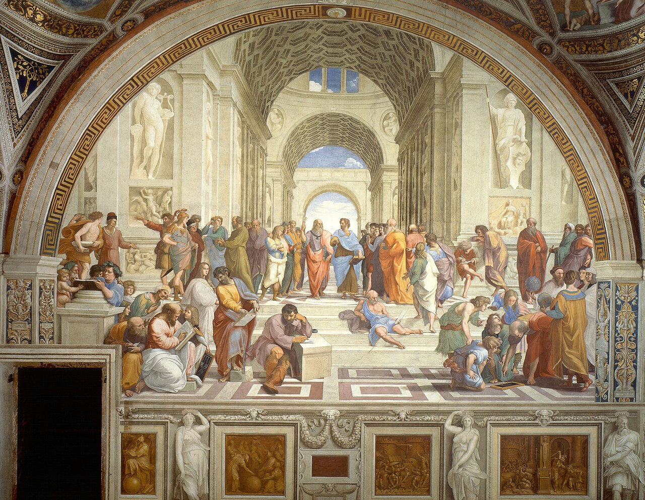 The School of Athens. Raphael, 1511. Plato is in the middle, pointing up.