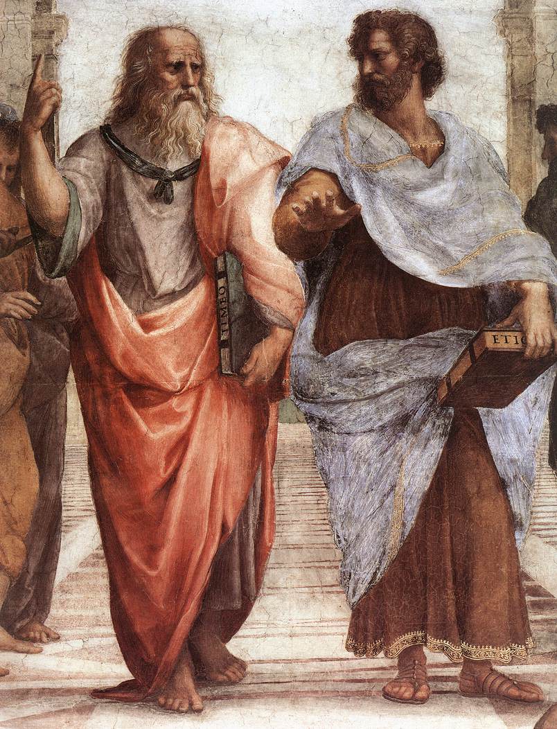 Plato points up, to the world of Ideas. Aristotle points down, to the world we actually live in. Raphael, The School of Athens (detail), 1511.